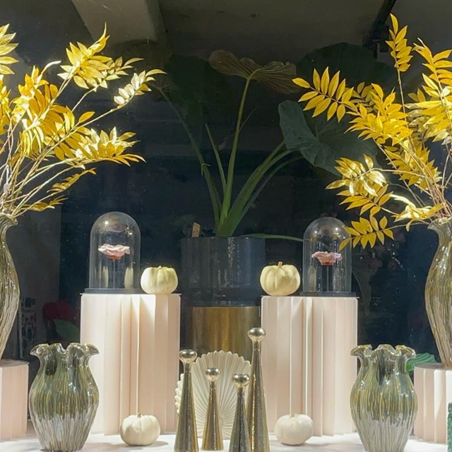 Vitrine d’automne 2025 Feuillages dorés @silkkaflowers Vases @agora_biarritz Bougies @voluspafragrances Anémones stabilisées @agora_biarritz Dans quelques semaines on transforme tout en NOËL!!! #automne #saison #vase #fleurstabilisée #fleuriste #fleuristebiarritz